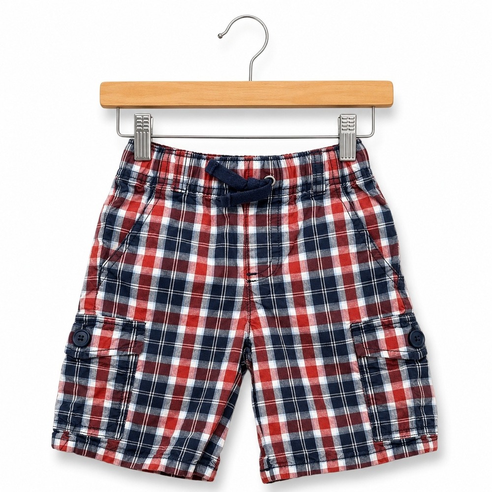 Gymboree Boys Shorts Sz 2T Red White Blue Plaid Pull On Cargo Style
